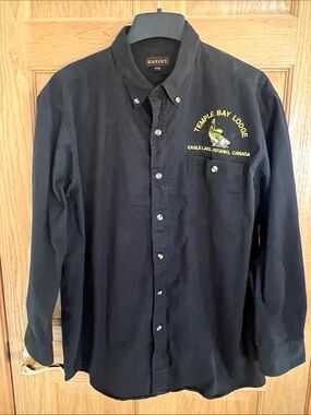 Kayjet Men's Black Button-Down Shirt with Yellow Temple Bay Lodge Logo